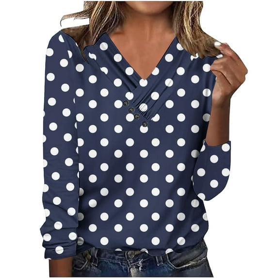 Sexlip Boho Tops for Women Long Sleeve Polka Dots Printed V Neck T Shirt Fall Casual Button Pullover Fashion Daily Shirts Blue XXL