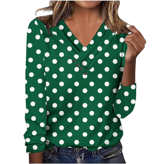 Sexlip Boho Tops for Women Long Sleeve Polka Dots Printed V Neck T Shirt Fall Casual Button Pullover Fashion Daily Shirts Green XXL