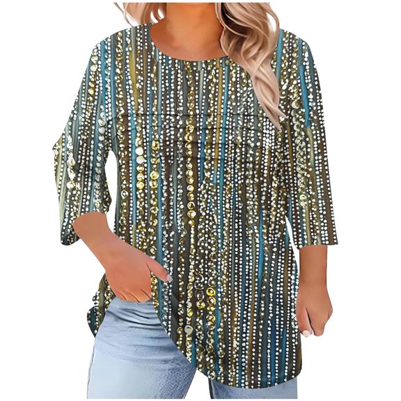 Sexlip Boho Tops for Women Striped Printed Crewneck T Shirt Fall Casual 3/4 Sleeve Fashion Loose Plus Size Pleated Blouse Blue XXXXXL