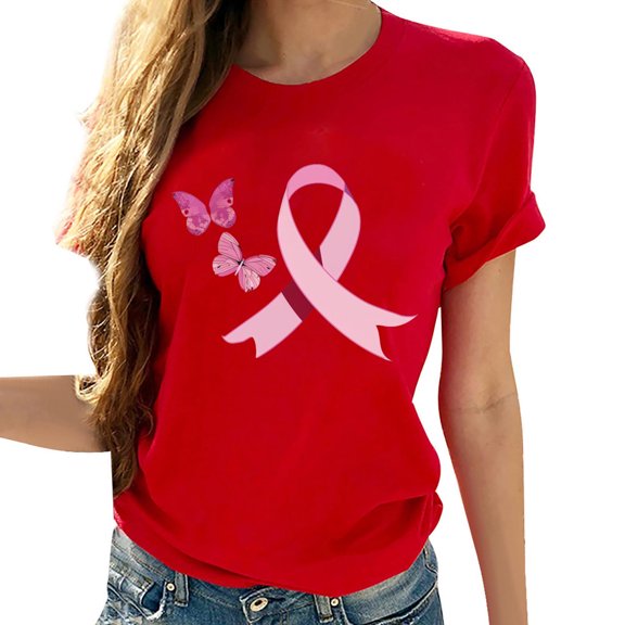 Sexlip Breast Cancer Shirts for Women Breast Cancer Awareness Shirt Cancer Care Gifts Short Sleeve Tee Top October Red S