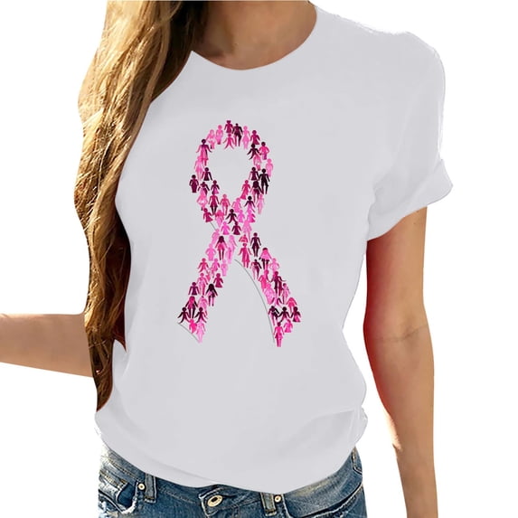 Sexlip Breast Cancer Shirts for Women Breast Cancer Awareness Short Sleeve Crew Neck Shirt Pink Ribbon Graphic Tops White L