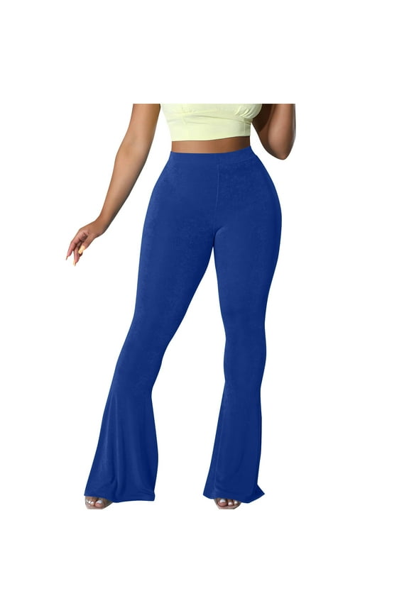 Butt Lifting Flare Legging for Women Solid Tummy Control Wide Leg Flared Yoga Pants High Waist Pleated Bell Bottom Blue XXL