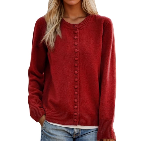 Sexlip Cardigans for Women Trendy Button Up Sweater Jackets Mock Neck Long Sleeve Loose Fit Chunky Knit Outwear Coats Red M