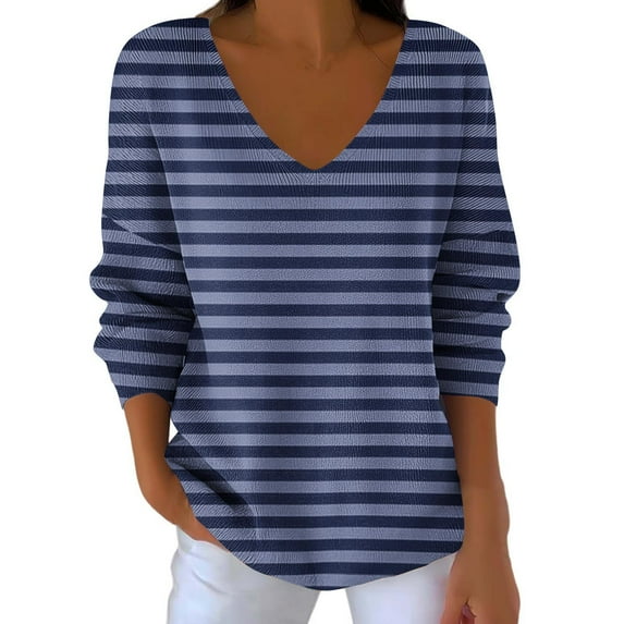 Sexlip Casual Loose V-neck Long Sleeve Top Striped Printed Comfortable Versatile Daily Wear Chic Top for Women Fashion Apparel Blue M