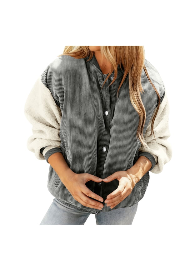 Corduroy Down Jacket for Women Cropped Fleece Lined Thicken Coats Button Down Casual Crewneck Jackets Warm Outwear Gray XXL