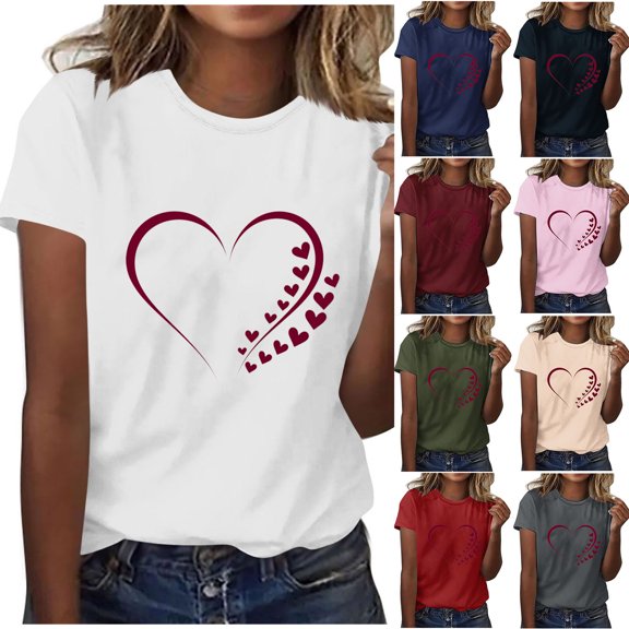 Sexlip Crewneck Shirts for Women Cute Love Heart Graphic Valentine's T-Shirts Casual Spring Summer Tops Comfy Tee Blouse Beige L