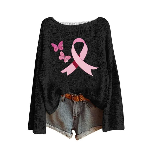 Sexlip Crewneck Sweatshirts Women Long Sleeve Loose Fit Breast Cancer Shirts Pink Ribbon Graphic Comfort Pullover Tops Black S