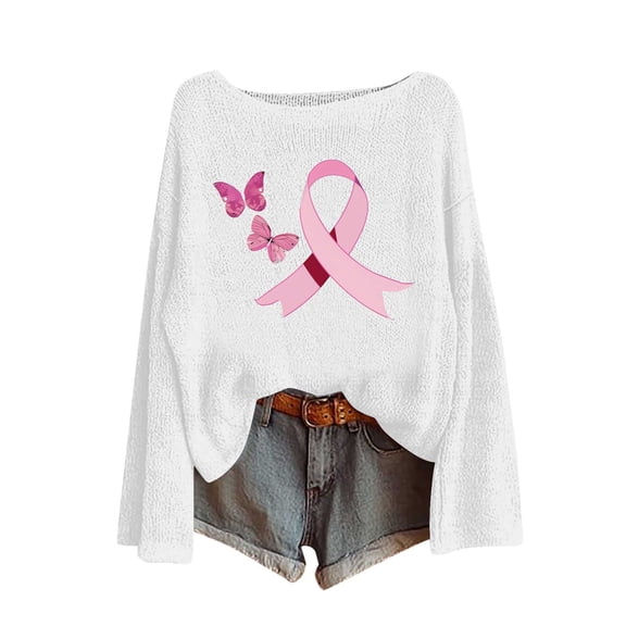 Sexlip Crewneck Sweatshirts Women Long Sleeve Loose Fit Breast Cancer Shirts Pink Ribbon Graphic Comfort Pullover Tops White M