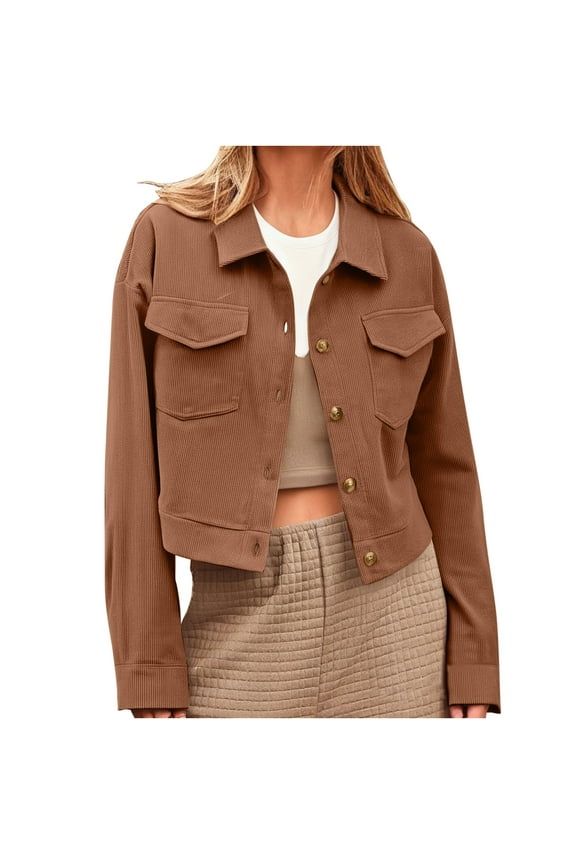 Cropped Jackets for women Button Down Corduroy Shacket Jacket Casual Long Sleeve Short Crop Fall Tops Brown XL