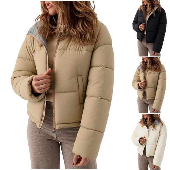 Sexlip Cropped Puffer Jacket for Women Casual Zipper Stand Collar Down Coats Long Sleeve Solid Color Warm Winter Outwear Black L