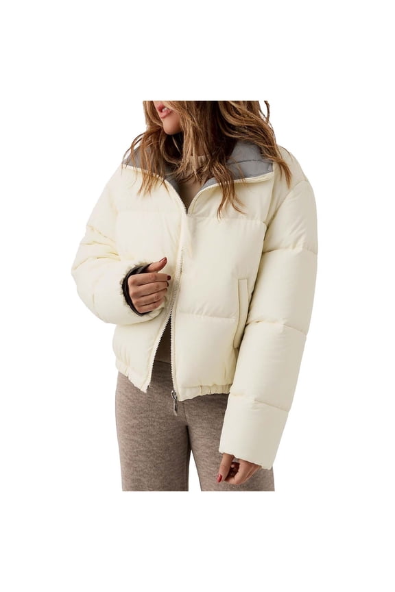 Cropped Puffer Jacket for Women Casual Zipper Stand Collar Down Coats Long Sleeve Solid Color Warm Winter Outwear White M