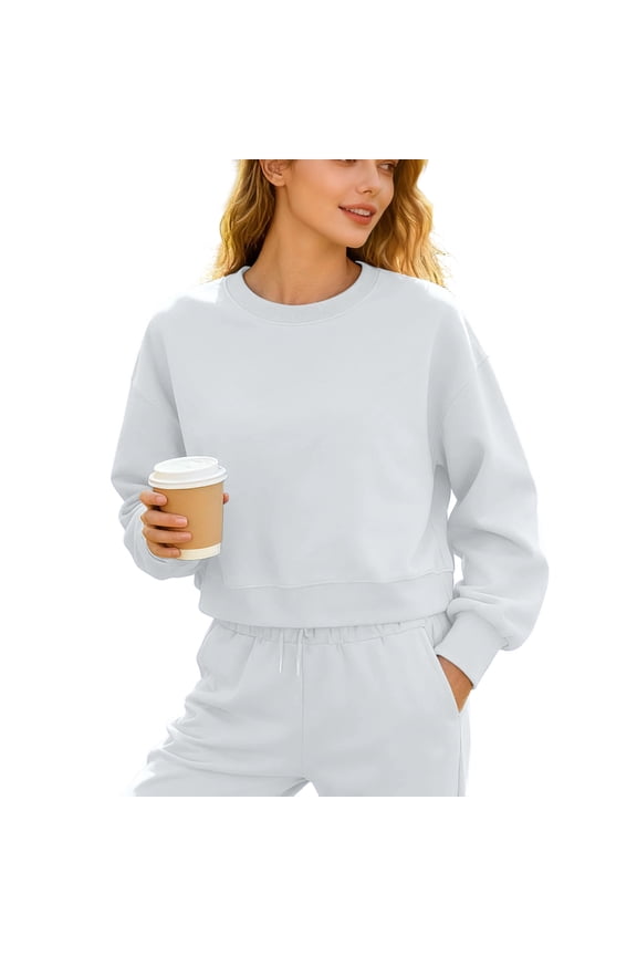 Cropped Sweatshirts for Women Cotton Long Sleeve Crop Tops Crewneck Pullover Oversized Sweater Silver XL
