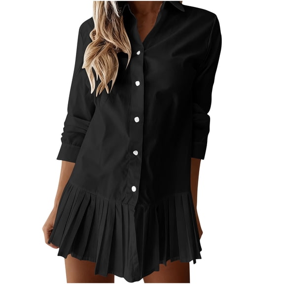 Sexlip Elegant Lapel Shirt Dress for Women Button Down Long Sleeve Cute Pleated A-Line Business Casual Mini Dresses Black XXL