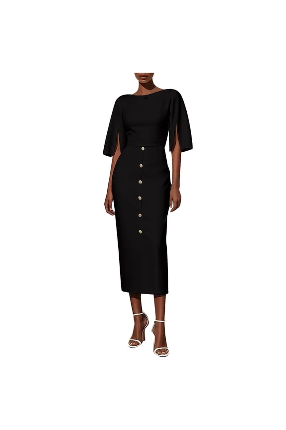 Elegant Split Sleeve Church Dress for Women Button Front Boat Neck Wear to Work Business Sheath Midi Pencil Dresses Black XL