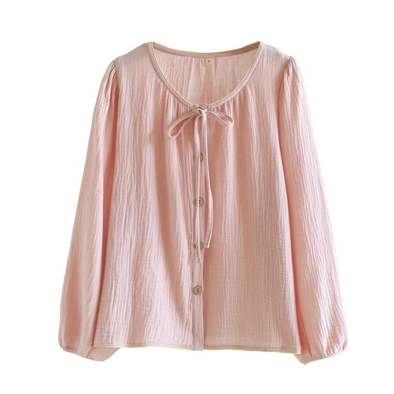 Sexlip Fall Long Sleeve Tops for Women Button Down Crewneck Blouses Dressy Casual Loose Shirts Lightweight Flowy Womens Tops Pink M