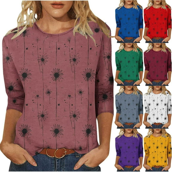 Sexlip Fall Shirts for Women 3/4 Length Sleeve Crewneck Tops Casual Loose Fit Shirt Floral Printed Cute Blouses Blue L