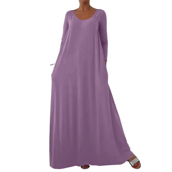 Sexlip Fall Wedding Guest Dress,Long Sleeve Crew Neck Maxi Dress Flowy Elegant Party Cocktail Dresses with Pockets Purple XXL