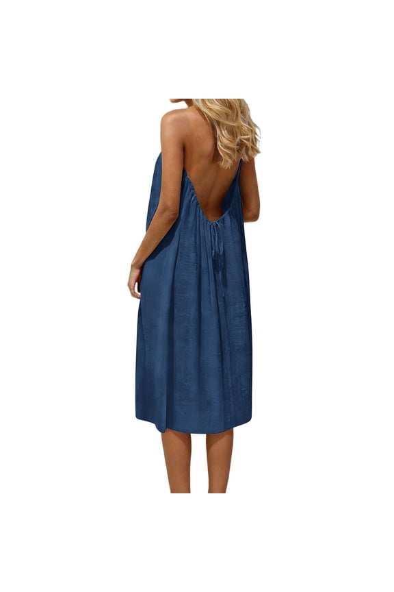 Fashion Women Summer Round-Neck Casual Solid Sleeveless Sleepshirts Sling Backless Dress Blue XXXL