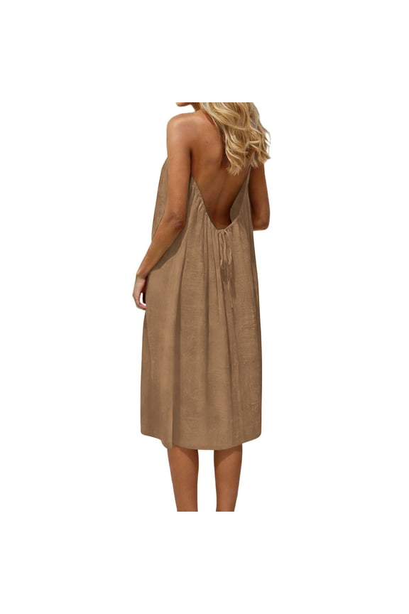 Fashion Women Summer Round-Neck Casual Solid Sleeveless Sleepshirts Sling Backless Dress Brown XXXL