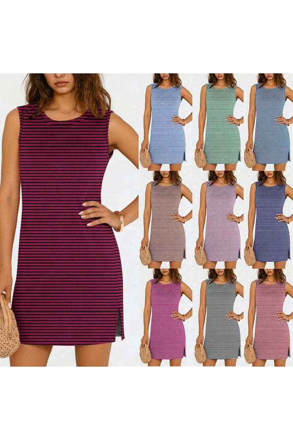 Fashion Women's Casual Print Comfortable Sleeveless Round-Neck Solid Dress Black L