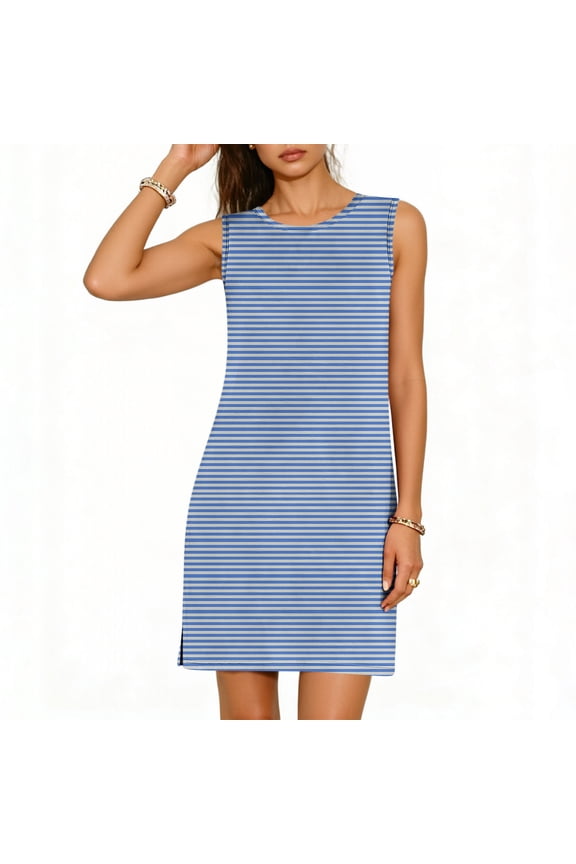 Fashion Women's Casual Print Comfortable Sleeveless Round-Neck Solid Dress Blue M