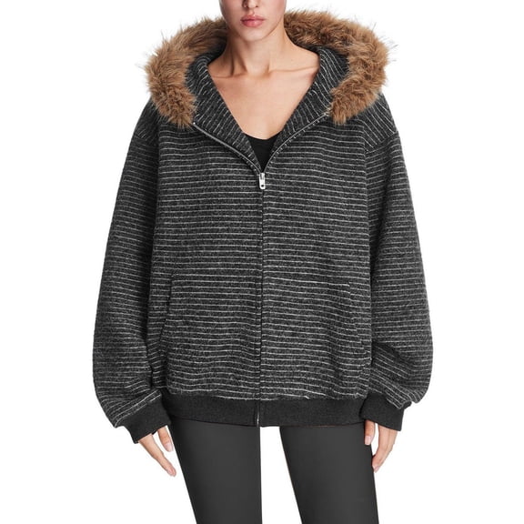Sexlip Faux Fur Hoodie Striped Zip Up Hoodie Fur Trim Jacket with Fur Hood Winter Clothes Causal Streetwear Sweater Brown XL