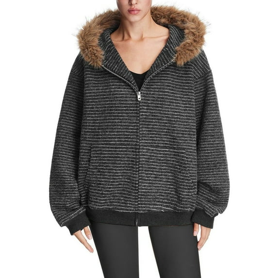 Sexlip Faux Fur Hoodie Striped Zip Up Hoodie Fur Trim Jacket with Fur Hood Winter Clothes Causal Streetwear Sweater Brown XXL