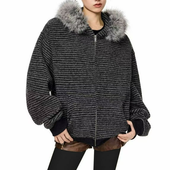 Sexlip Faux Fur Hoodie Striped Zip Up Hoodie Fur Trim Jacket with Fur Hood Winter Clothes Causal Streetwear Sweater Gray M