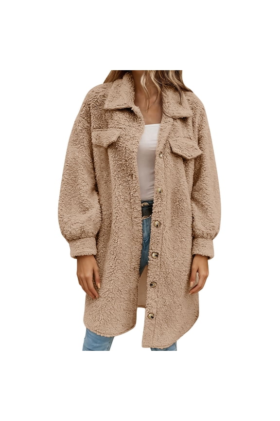Fuzzy Fleece Jackets for Women Fashion Long Sleeve Lapel Button Down Long Teddy Coat Faux Fur Warm Winter Outwear Brown XXL