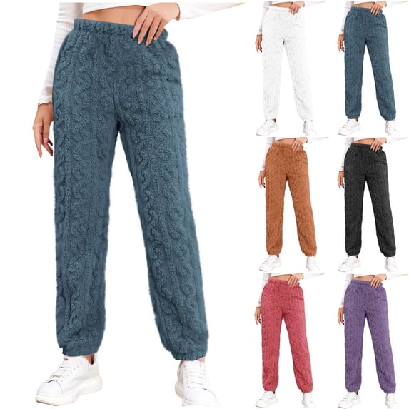 Sexlip Fuzzy Pajama Pants Women Plush Fluffy Pajama Pants Winter Warm Fuzzy Fleece Lounge Bottoms Sleepwear Trousers Blue Free Size