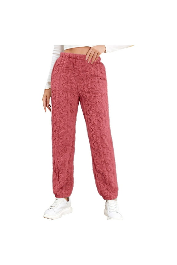 Fuzzy Pajama Pants Women Plush Fluffy Pajama Pants Winter Warm Fuzzy Fleece Lounge Bottoms Sleepwear Trousers Pink Free Size