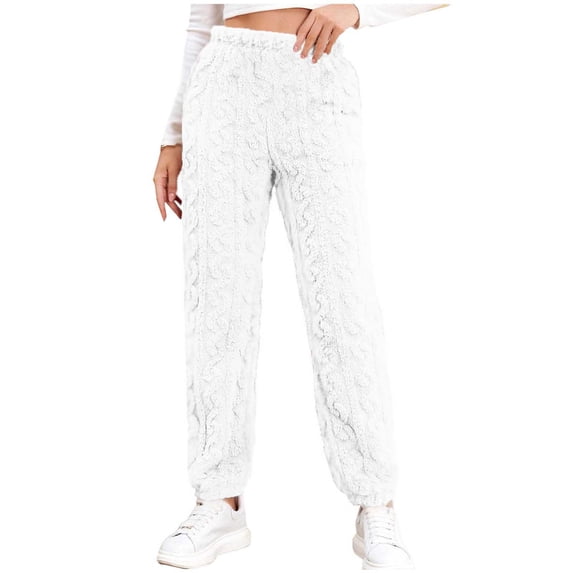 Sexlip Fuzzy Pajama Pants Women Plush Fluffy Pajama Pants Winter Warm Fuzzy Fleece Lounge Bottoms Sleepwear Trousers White Free Size