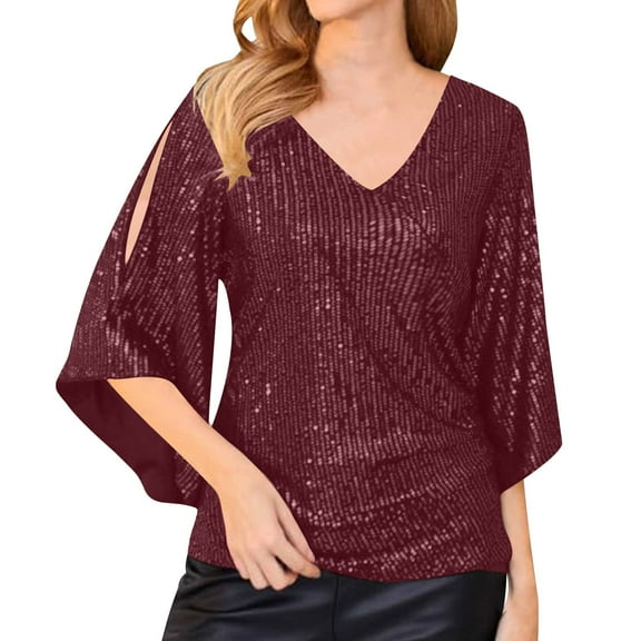 Sexlip Glitter Tops for Women Plus Size Short Sleeve Shirts 2025 Trendy Evening Cocktail V Neck Sequin Blouse Tunic Weddings Red XXXXXL