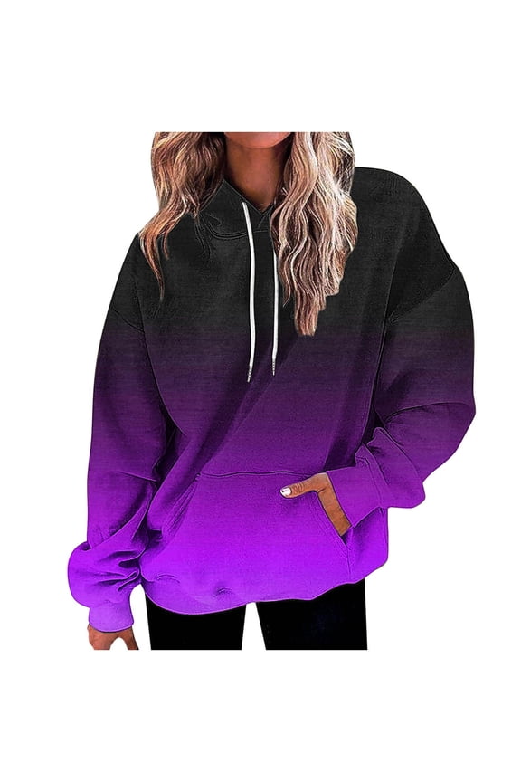 Gradient Print Hooded Sweatshirt Long Sleeved Casual Top Comfortable Fashionable Pocket Design Suitable for Daily Wear and Parties Women's Apparel Purple XL
