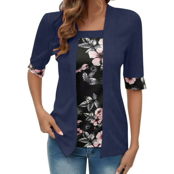Sexlip Half Sleeve Faux Two-Piece Top for Women Print Square Neck Fashion Casual Work Daily T Shirt Summer Blue XXL