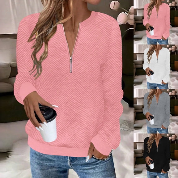 Sexlip Half-Zip Stand Collar Textured Sweatshirt for Women Long-Sleeve Oversized Casual Pullover Top Black L