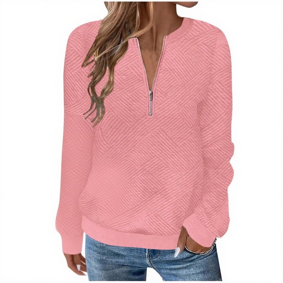 Sexlip Half-Zip Stand Collar Textured Sweatshirt for Women Long-Sleeve Oversized Casual Pullover Top Pink S