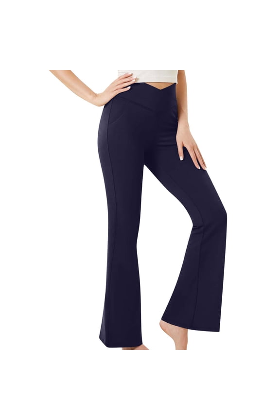 High Waisted Flare Leggings with Pockets Bootcut Yoga Pants for Women, Tummy Control Cropped Workout Pants Blue L
