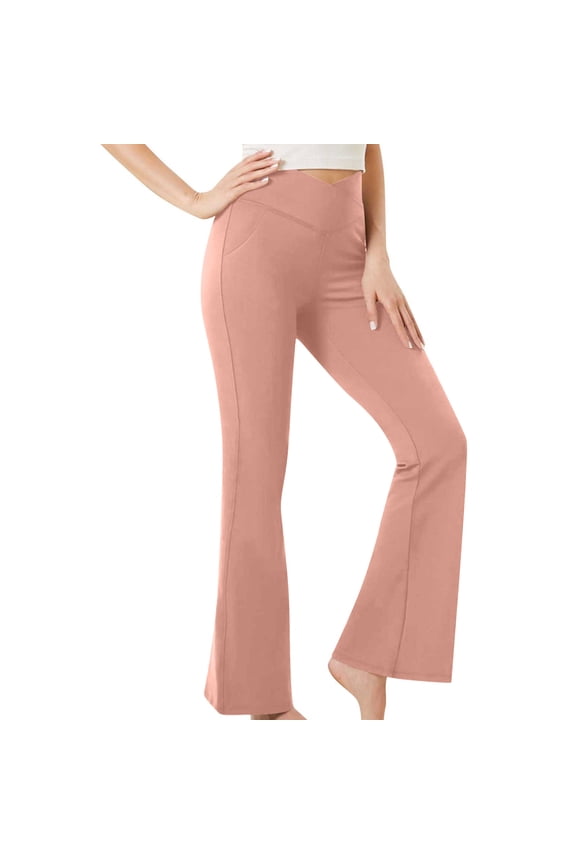 High Waisted Flare Leggings with Pockets Bootcut Yoga Pants for Women, Tummy Control Cropped Workout Pants Pink M