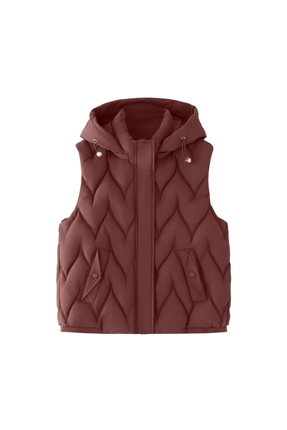 Hooded Quilted Vest for Women Casual Sleeveless Short Jackets Full Zip Stand Neck Puffer Gilet Solid Coats Red L