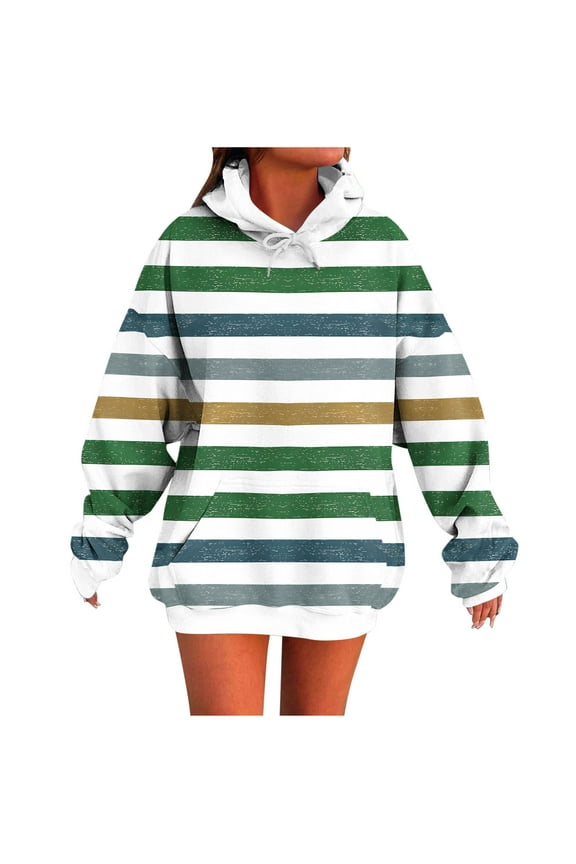 Hoodies for Women Fleece Hooded Sweatshirts Oversized Pullover Long Plaid Star Stripes Print Warm Sweater with Pockets Green L