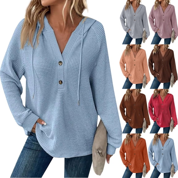 Sexlip Hoodies for Women Waffle Knit Long Sleeve Drawstring Button V Neck Casual Pullover Sweatshirt Hooded Tops Beige L