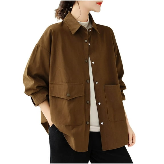 Sexlip Jackets for Women Fall Oversized Utility Cotton Coat Loose Fit Corduroy Collar Vintage Workwear with Pockets Brown XL