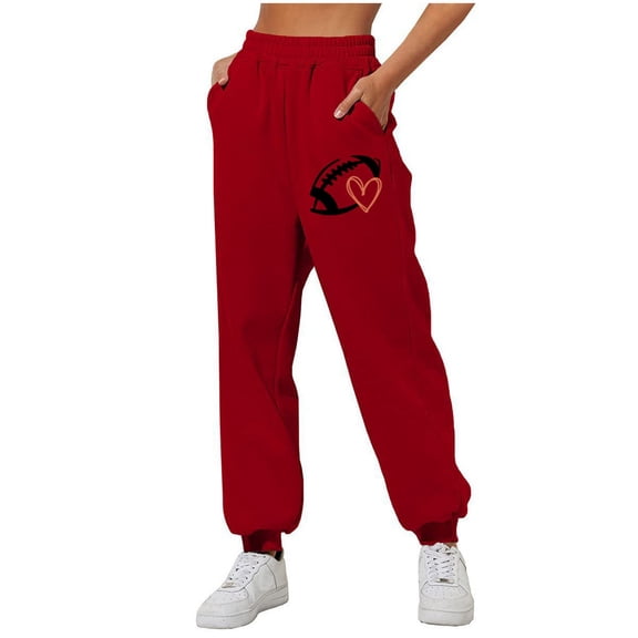 Sexlip Jogger Sweatpants Women Casual Elastic Waisted Football Pants Graphic Print Straight Leg Athletic Trousers Fall Outfits Red S