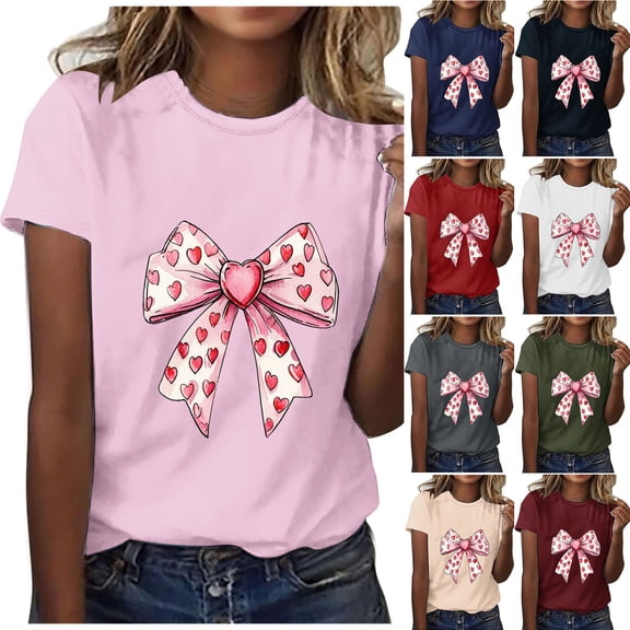 Sexlip Ladies Crewneck Blouse Valentines Bow Print Summer Casual T-Shirts Womens Short Sleeve Pullovers Classic Comfortable Beige L