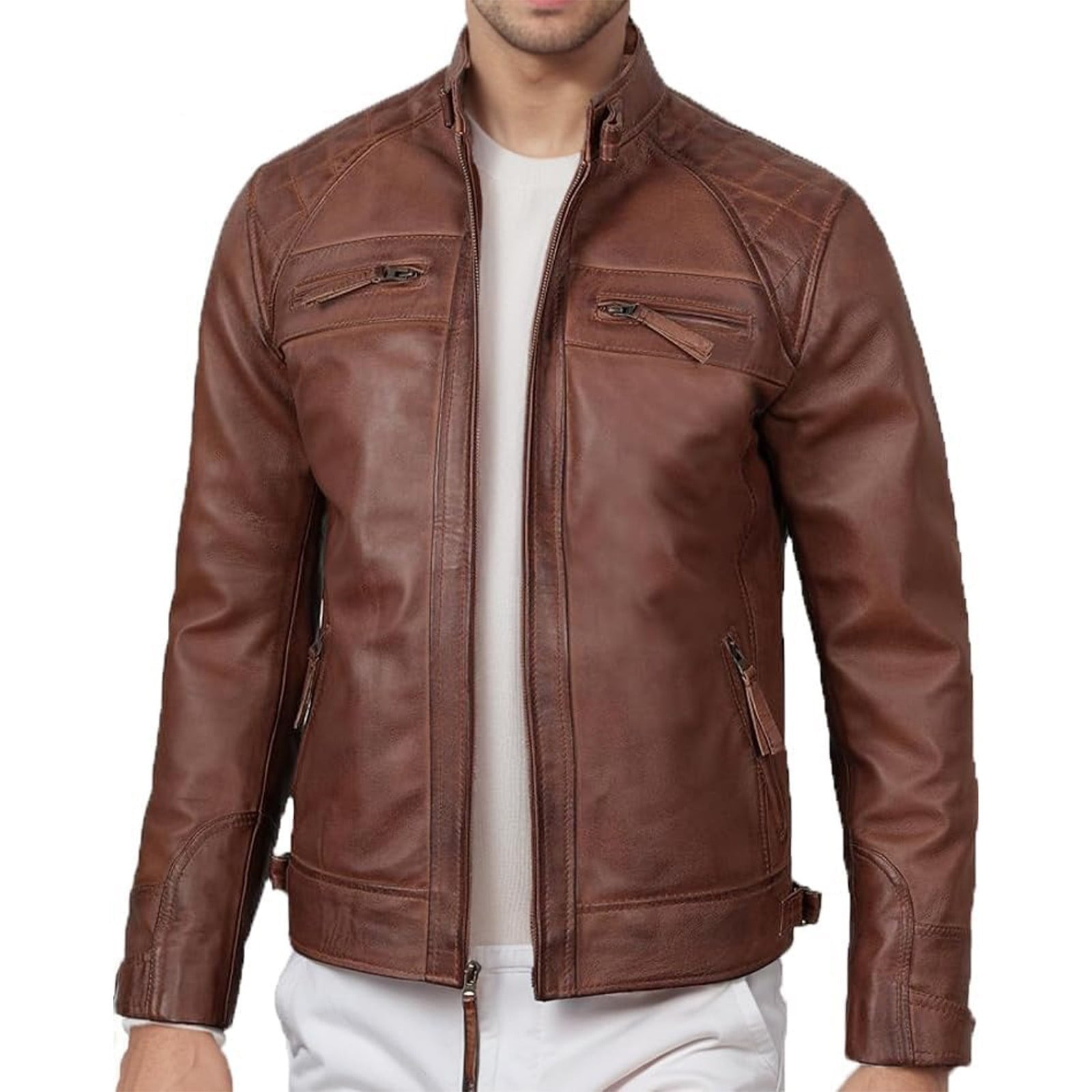 Sexlip Leather Jacket for Men Real Lambskin Leather Jackets Solid Color Casual Oversized Loose Fit Outwear with Pocket Brown XXL