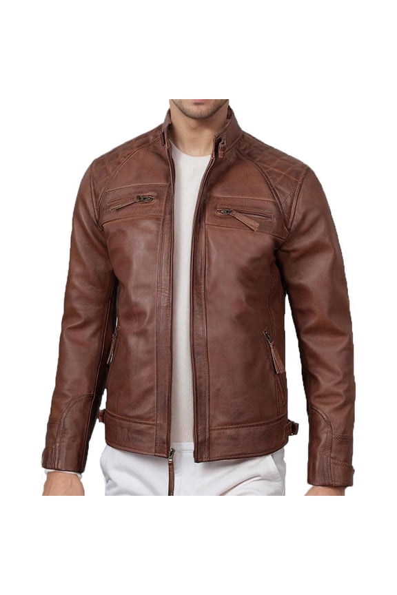 Leather Jacket for Men Real Lambskin Leather Jackets Solid Color Casual Oversized Loose Fit Outwear with Pocket Brown XXL