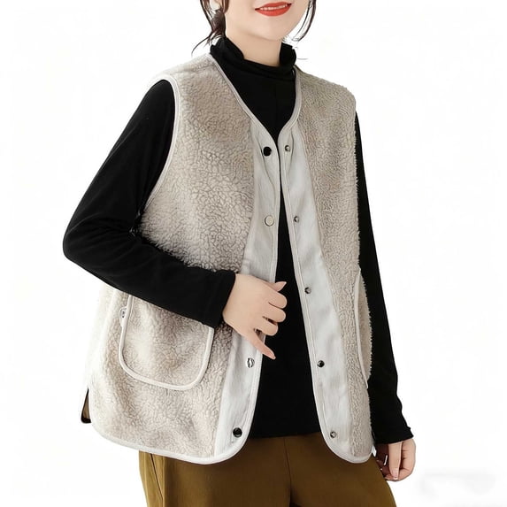 Sexlip Lightweight Fleece Vest Womens Button Down Sleeveless Coat Jacket Fall Loose Fit Vest Outerwear with Pockets Beige M