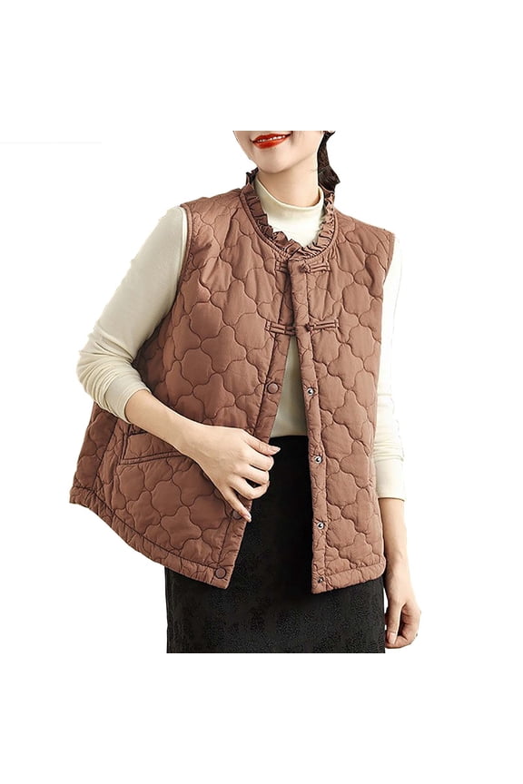 Lightweight Puffer Vest for Women Collarless Sleeveless Button Down Jacket Cloud Printed Warm Vests with Side Pocket Red XL