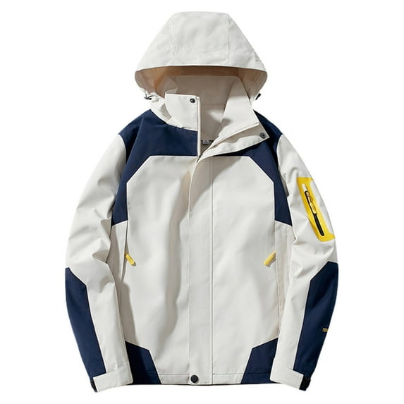 Sexlip Lightweight Rain Jacket for Women Fashion Color Block Waterproof Windbreaker Raincoat Long Sleeve Hoodies for Travel Beige XL